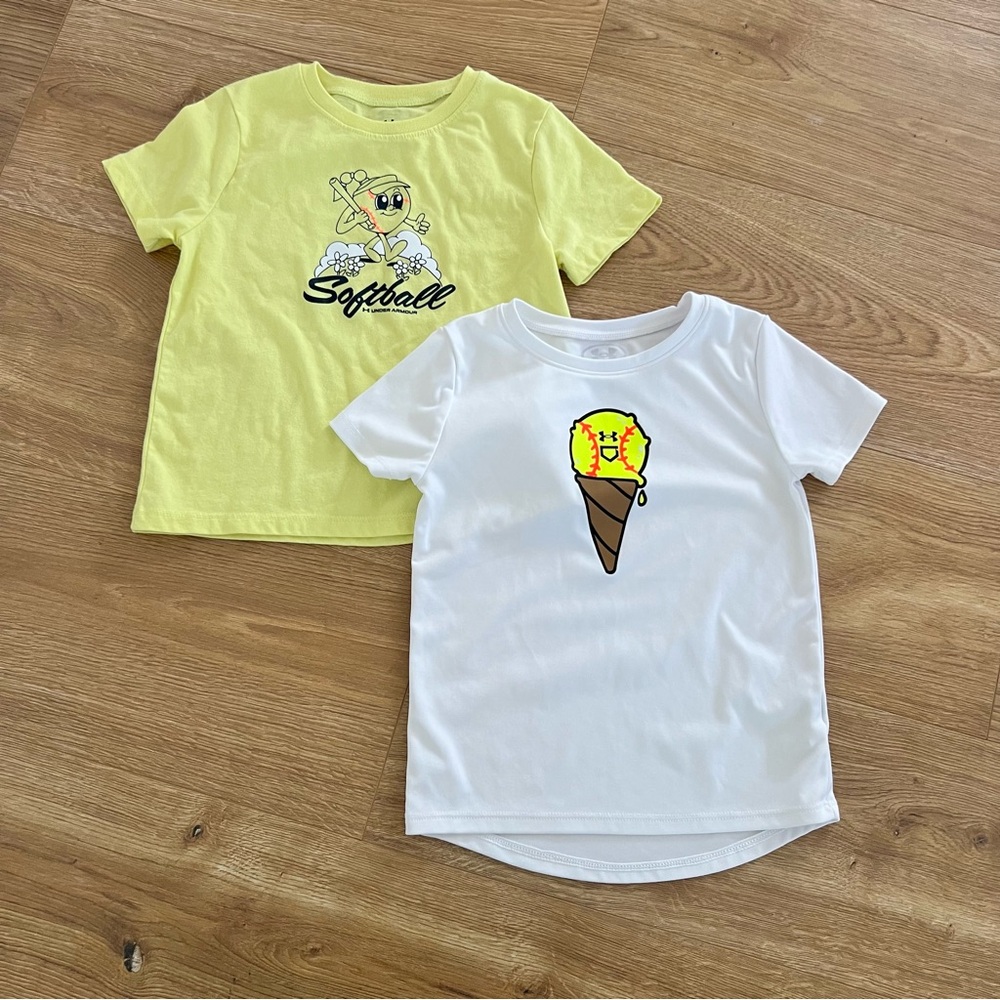 Under Armour Kids Lot of 2 Softball Tees - Yellow Sz 6 & White Sz 5